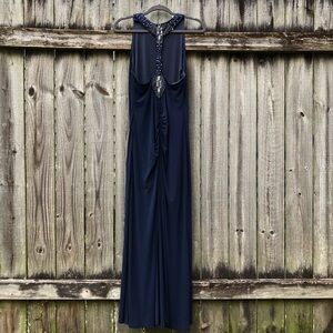 JS Boutique Beaded Racerback Maxi Dress Size 10 Navy Sequins Formal